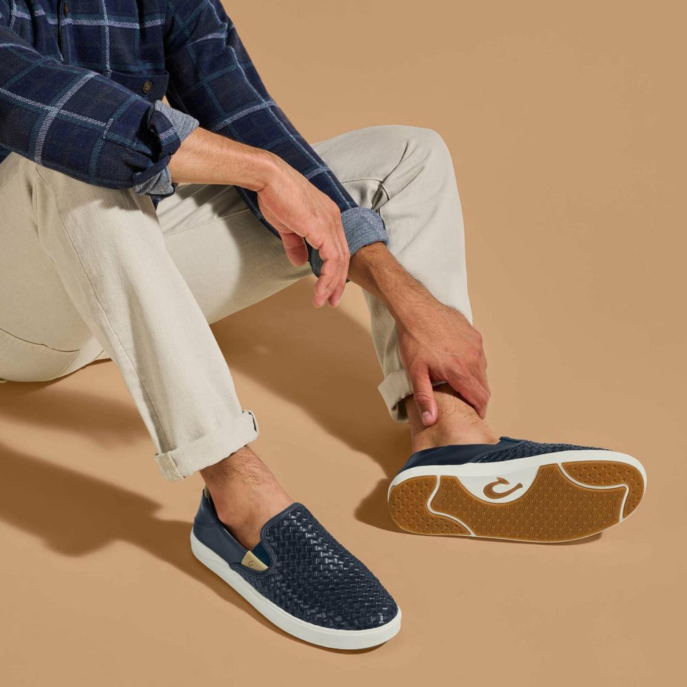 Men Leather | Olukai Lae‘ahi Lauhala Leather Slip-Ons - Trench Blue