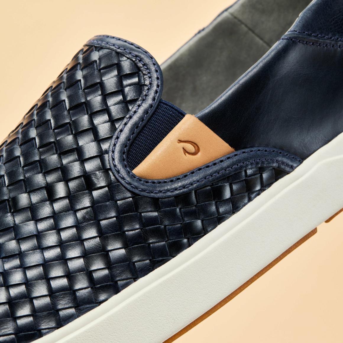 Men Leather | Olukai Lae‘ahi Lauhala Leather Slip-Ons - Trench Blue