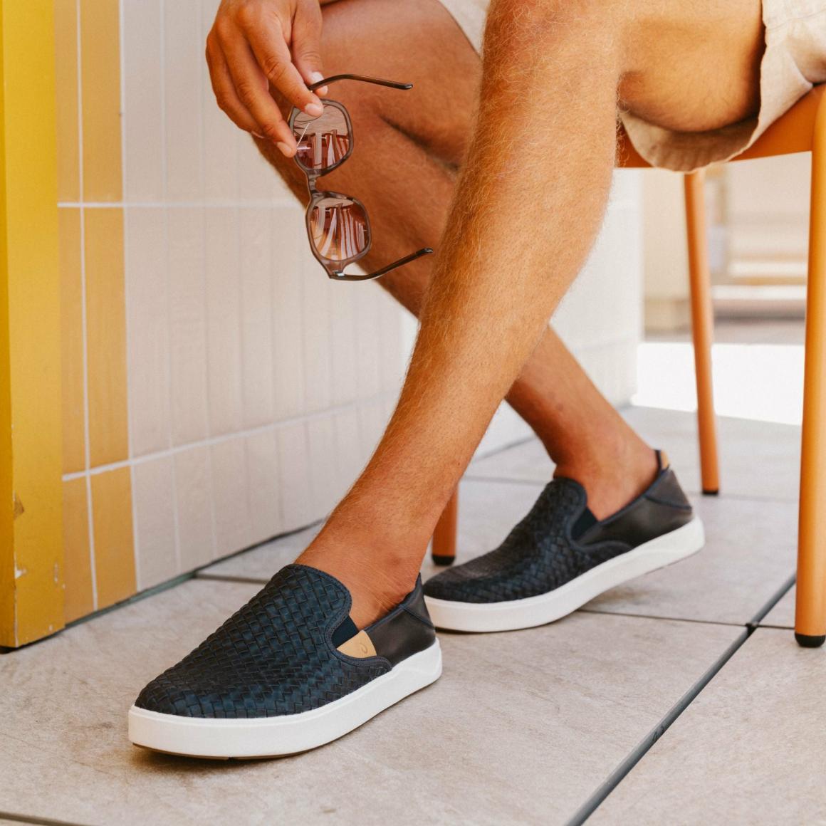 Men Leather | Olukai Lae‘ahi Lauhala Leather Slip-Ons - Trench Blue