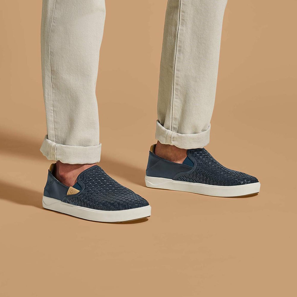 Men Leather | Olukai Lae‘ahi Lauhala Leather Slip-Ons - Trench Blue