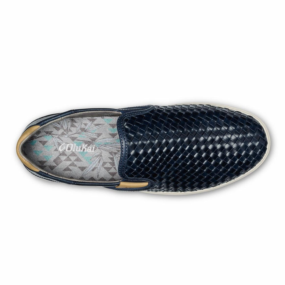 Men Leather | Olukai Lae‘ahi Lauhala Leather Slip-Ons - Trench Blue