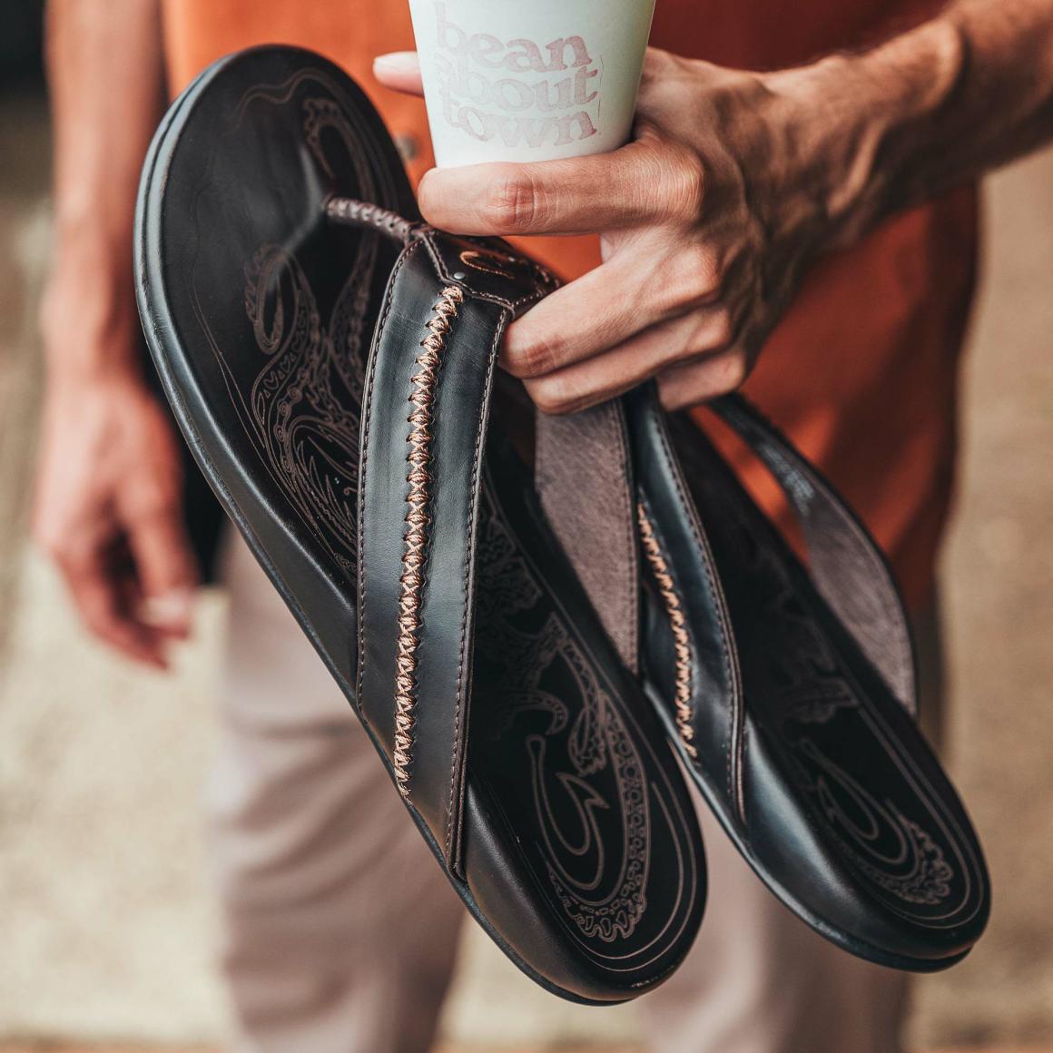 Men Leather | Olukai Mea Ola Leather Beach Sandals - Dark Java