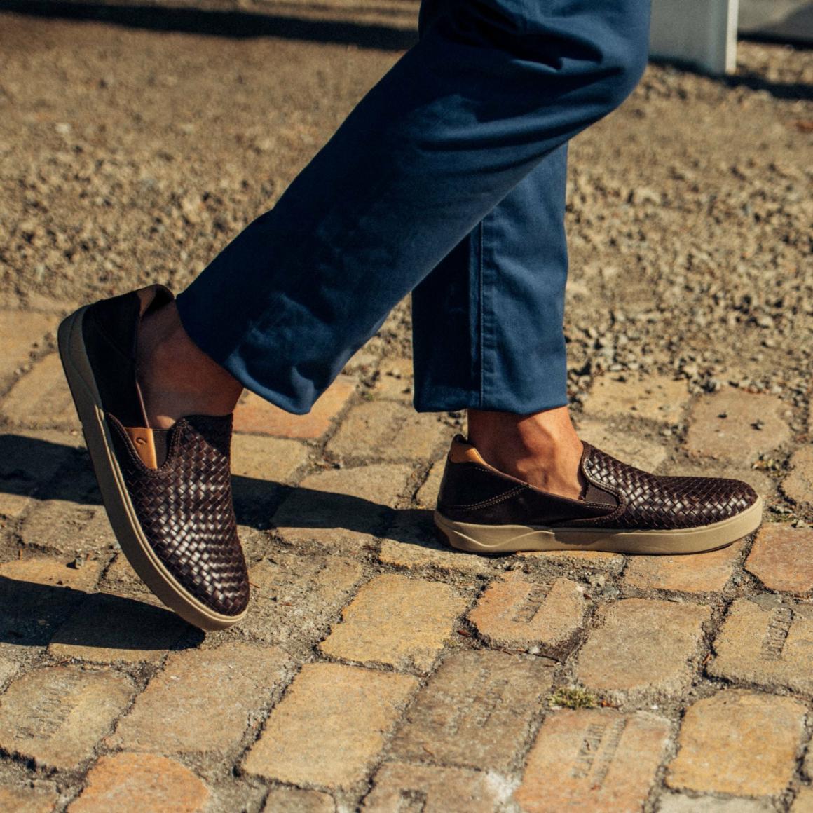 Men Slip-On | Olukai Lae‘ahi Lauhala Leather Slip-On Sneakers - Dark Wood