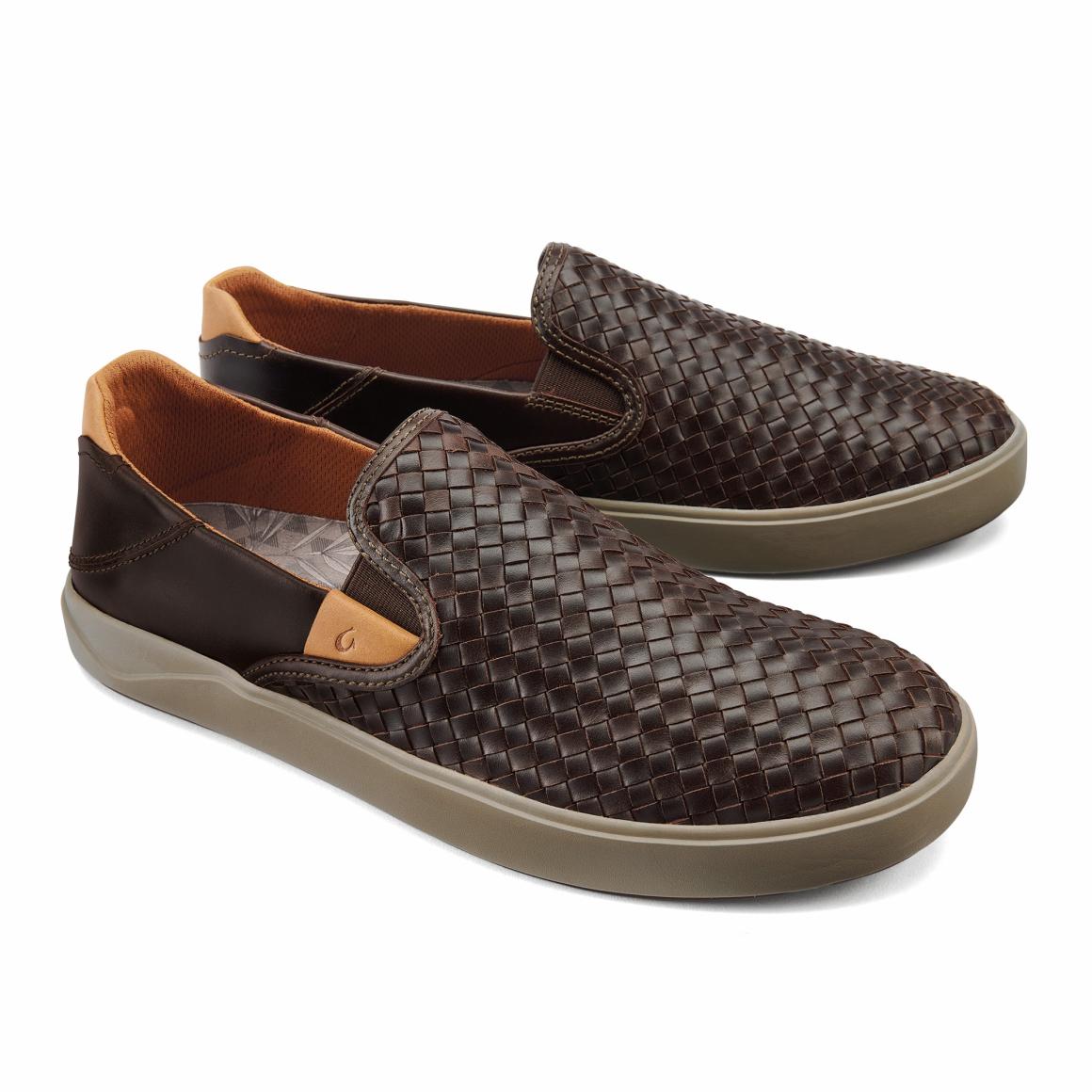 Men Slip-On | Olukai Lae‘ahi Lauhala Leather Slip-On Sneakers - Dark Wood